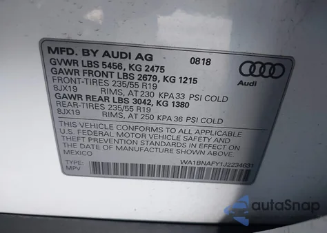 2018 Audi Q5 2.0T Premium/2.0T Tech Premium z USA, uszkodzony, nr VIN WA1BNAFY1J2234631